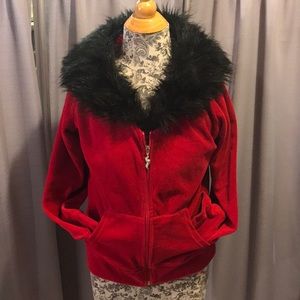Onque Petite Red Velvet Jacket Faux Fur Collar